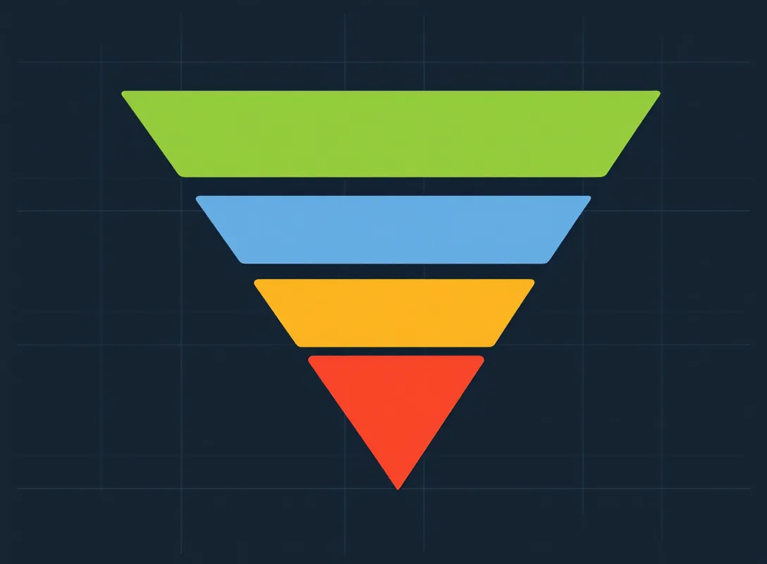 Flat analytics dashboard conversion funnel — three green completed segments narrowing to a highlighted amber drop-off stub on a dark slate grid